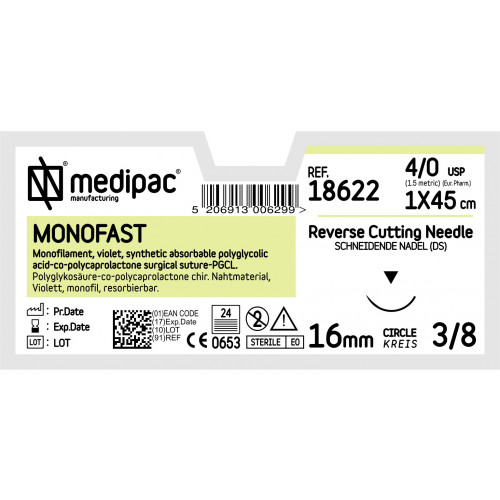 MONOFAST 4/0 45cm 16mm 3/8 circle, reverse - 24 Pack